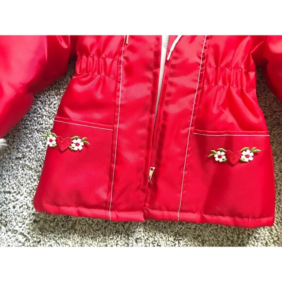 VTG Toddler Girls Red Hooded Quilted Lined Jacket Embroided Flower & Heart SZ 4T - Picture 6 of 6